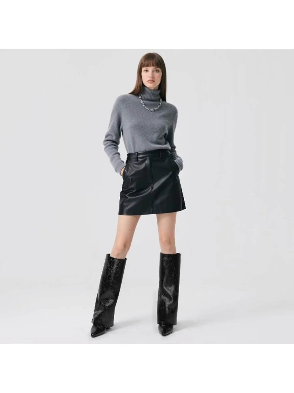 Women's Black Pointed Toe Chunky Heel Faux Leather Over The Knee Boots